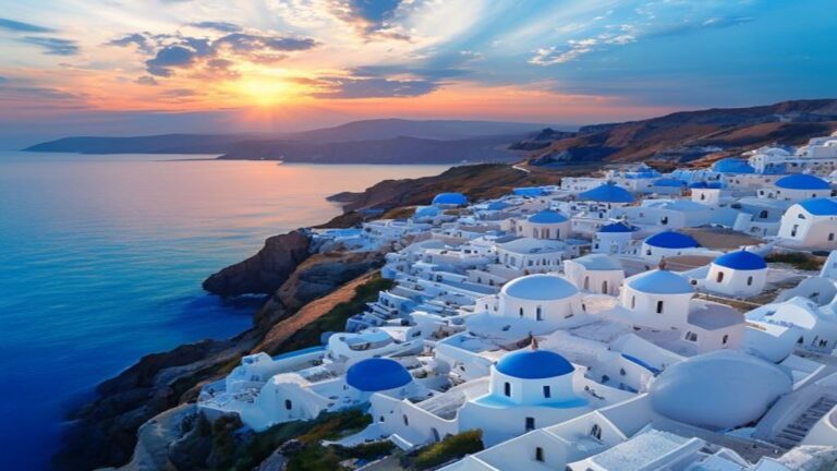 Aerial view of Santorini’s iconic sunsets over white-washed buildings and deep blue sea.